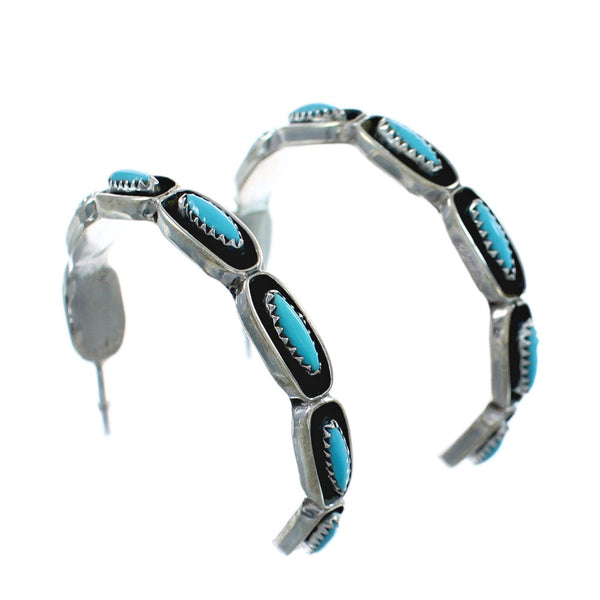 Native American Turquoise Genuine Sterling Silver Post Hoop Earrings JX124326